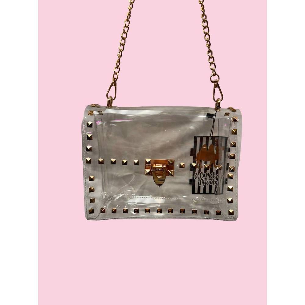 NEW CAMEL THREADS women's clear crossbody purse in gold